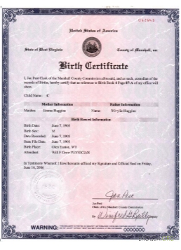 Acte de naissance USA Virginie Occidentale version 2